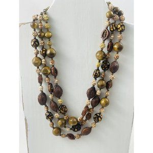 Mid Century Earthtone Three Strand Bead Necklace Made in Japan Estate Jewelry